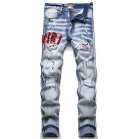 AMIRI neue Außenhandel Stil Mode blau gerissen Patch Stickerei elastische Mid-Taille slim-fit Herren  
